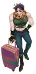  abs boots brown_hair crop_top from_above halu-ca hand_on_hip jojo_no_kimyou_na_bouken joseph_joestar_(young) leaning male_focus midriff muscle rolling_suitcase scarf solo sunglasses 