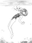  air_bubble barefoot breath bubble bubble_blowing competition_swimsuit diving freediving greyscale holding_breath long_hair monochrome one-piece_swimsuit original saver_(artbysaver) sketch solo swimming swimsuit underwater 