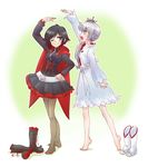  barefoot black_footwear boots boots_removed cross-laced_footwear full_body height_difference high_heel_boots high_heels highres iesupa knee_boots lace-up_boots multiple_girls pantyhose ruby_rose rwby tiptoes weiss_schnee white_footwear 