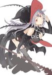  bangs bare_shoulders black_dress black_legwear breasts colored_eyelashes detached_sleeves dress full_body garter_straps granblue_fantasy grey_hair hair_between_eyes hat jpeg_artifacts large_breasts leaning_forward long_hair long_sleeves magisa_(granblue_fantasy) no_pupils red_eyes saraki shadow simple_background smile solo staff thighhighs unfinished white_background witch_hat 