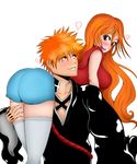  1boy 1girl ass bleach blush breasts brown_eyes carrying heart inoue_orihime kurosaki_ichigo large_breasts long_hair looking_back open_mouth orange_hair over_the_shoulder person_over_shoulder short_shorts shorts shoulder_carry sideboob smile thighhighs transparent_background white_legwear 