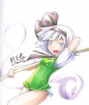  black_hairband black_panties blue_eyes hairband highres hitodama konpaku_youmu konpaku_youmu_(ghost) no_pants open_mouth panties shirt short_hair silver_hair smile sokutenkun solo stick touhou traditional_media underwear vest 