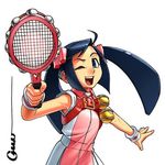  1girl ahoge black_hair capcom justice_gakuen karuizawa_momo moero!_justice_gakuen omar_dogan racket smile solo tennis_ball twintails upper_body 