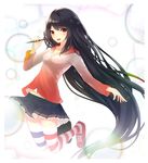  :d absurdly_long_hair absurdres ariinine black_hair heart heart-shaped_pupils highres jumping long_hair looking_at_viewer mismatched_legwear open_mouth original red_eyes skirt smile solo striped striped_legwear symbol-shaped_pupils very_long_hair 