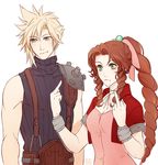  1boy 1girl aerith_gainsborough arms_at_sides blonde_hair brown_hair closed_mouth cloud_strife commentary_request cropped_jacket derivative_work dimple dress drill_hair drill_sidelocks dual_wielding earclip eyelashes final_fantasy final_fantasy_vii green_eyes hair_ribbon hands_up holding jacket long_hair materia middle_finger pink_dress ponytail red_jacket ribbon ruebird shirt short_sleeves sidelocks simple_background sleeveless sleeveless_shirt spiked_hair white_background 
