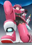  1girl bodysuit breasts cameltoe fei-yen from_below giantess green_eyes heart heart_of_string highres kneeling large_breasts long_hair looking_at_viewer looking_down looking_up mecha_musume pink_bodysuit pink_hair pleated_skirt skin_tight skirt smirk standing sword terada_ochiko twintails upskirt virtual_on weapon 