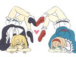  alice_margatroid blonde_hair bloomers blue_eyes couple hairband heart heart_legs_duo kirisame_marisa long_hair multiple_girls no_hat no_headwear short_hair simple_background touhou tsuno_no_hito underwear white_background white_legwear yellow_eyes yuri 