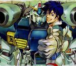  agar_(gundam) blue_eyes blue_hair gundam gundam_legacy gundam_zeonic_front hat helmet mecha military_uniform mudrock_gundam natsumoto_masato official_art pilot_suit thumbs_up uniform 