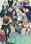  6+boys abs backpack bag battle_tendency birthmark black_hair blonde_hair blue_dress blue_eyes blue_hair book boots braid brown_hair chain chibi chin_rest choker diamond_wa_kudakenai dixie_cup_hat dress earrings erina_pendleton fingerless_gloves gakuran giorno_giovanna gloves green_eyes green_hair green_lipstick hair_bobbles hair_ornament halter_top halterneck halu-ca hand_on_hip hands_in_pockets hands_together hat higashikata_jousuke higashikata_jousuke_(jojolion) highres hirose_yasuho horseshoe jewelry joestar_birthmark johnny_joestar jojo_no_kimyou_na_bouken jojolion jonathan_joestar joseph_joestar_(young) kuujou_jolyne kuujou_joutarou leaning leaning_over lipstick makeup midriff military_hat multicolored_hair multiple_boys multiple_girls muscle notebook outline patterned pencil phantom_blood pink_hair pompadour purple_eyes purple_hair rolling_suitcase sailor_collar scarf school_uniform sign stand_(jojo) star_platinum stardust_crusaders starfish steel_ball_run stone_ocean striped striped_background sunglasses sweatdrop table tablecloth translation_request twin_braids two-tone_hair vento_aureo wrist_cuffs writing 