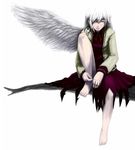  angel_wings barefoot bow brooch brown_jacket colored_eyelashes dress expressionless feathered_wings fingers full_body grey_hair grey_wings hair_over_one_eye hands in_tree jacket jewelry juurouta_(pixiv3673286) kishin_sagume leg_up lips long_sleeves looking_at_viewer purple_dress red_eyes short_hair simple_background single_wing sitting sitting_in_tree solo toenails toes touhou tree tree_branch white_background white_hair wings 
