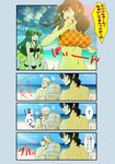  2girls 4koma beach bikini black_bikini blonde_hair blush breasts brown_eyes brown_hair comic day drinking drinking_straw gatchaman_crowds green_hair hair_ornament hibiki_joe ichinose_hajime large_breasts leaning_tower_of_pisa looking_back multiple_boys multiple_girls navel ocean plaid plaid_bikini ponytail pun running sand_castle sand_sculpture shizu_tan spit_take spitting swimsuit tachibana_sugane translated utsutsu yellow_eyes 