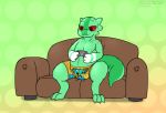  anthro blue_sclera clothing controller cum cumstain dragon gloves_(marking) green_background holding_object kobold koolkat_(artist) male markings polka_dots red_sclera riilu scalie simple_background sofa solo underwear watermark what 