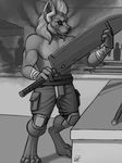  clothed clothing feline half-dressed knee_pads ldr lion male mammal melee_weapon monochrome shorts solo sword topless weapon 