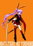  alternate_costume animal_ears asymmetrical_legwear boots bunny_ears bunny_tail character_name fake_animal_ears full_body hair_ornament jacket katana kneehighs long_hair long_sleeves looking_at_viewer miniskirt necktie orange_background pfalz ponytail purple_eyes purple_hair red_legwear shirt simple_background single_kneehigh single_thighhigh skirt smile solo sword tail thighhighs touhou very_long_hair vest watatsuki_no_yorihime weapon 