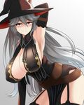  arm_up armpits black_dress black_gloves black_legwear breasts dress elbow_gloves garter_straps gloves granblue_fantasy hat highres huge_breasts long_hair magisa_(granblue_fantasy) mattari_yufi pose red_eyes silver_hair smile solo thighhighs very_long_hair witch_hat zettai_ryouiki 