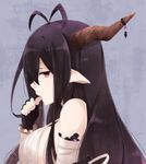  antenna_hair bad_id bad_pixiv_id black_hair breasts danua draph fingerless_gloves gloves granblue_fantasy horn_ornament horns jewelry large_breasts long_hair looking_to_the_side pointy_ears profile red_eyes solo yukichi_(eikichi) 