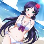  arms_behind_back beach bikini blush breasts day flower green_eyes hair_flower hair_ornament hibiscus large_breasts long_hair looking_at_viewer love_live! love_live!_school_idol_project low_twintails ocean purple_hair solo swimsuit toujou_nozomi twintails very_long_hair wewe white_bikini 