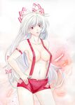  albino armband bow breasts collarbone colored_eyelashes covered_nipples feathers fujiwara_no_mokou gradient gradient_background graphite_(medium) hair_bow hair_ornament hair_ribbon hinami_so long_hair looking_at_viewer medium_breasts naked_suspenders navel no_shirt parted_lips red_eyes ribbon shorts solo suspenders topless touhou traditional_media watercolor_(medium) white_hair 