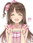  :d ^_^ bow brown_hair closed_eyes commentary_request heart heart_necklace highres idolmaster idolmaster_cinderella_girls jewelry long_hair mizukoshi_(marumi) necklace one_side_up open_mouth plaid polka_dot polka_dot_bow shimamura_uzuki smile solo v 