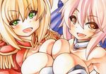  blonde_hair breast_press breasts brown_eyes cleavage fang fate/extra fate_(series) graphite_(medium) green_eyes large_breasts looking_at_viewer marker_(medium) millipen_(medium) multiple_girls nero_claudius_(fate) nero_claudius_(fate)_(all) open_clothes open_mouth open_shirt pink_hair shirt simple_background slit_pupils smile symmetrical_docking tamamo_(fate)_(all) tamamo_no_mae_(fate) traditional_media uneven_eyes upper_body white_background yutakasan-love 