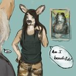  ambiguous_gender anthro brown_hair cervine clothed clothing deer dialogue duo female green_eyes hair long_hair male mammal painting solo_focus standing tattoo text uncomfortabledrawingfurries whiskers 