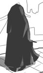  ambiguous_gender anthro cloak clothing greyscale monochrome rml solo standing unknown_species walking 