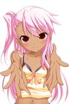  chloe_von_einzbern dark_skin fate/kaleid_liner_prisma_illya fate_(series) flat_chest highres long_hair navel noumin outstretched_arms pink_hair red_eyes side_ponytail solo 