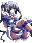  arms_behind_back bdsm black_hair blue_eyes blue_ribbon bondage bound breasts cleave_gag cloth_gag dungeon_ni_deai_wo_motomeru_no_wa_machigatteiru_darou_ka gag gagged hachikumo hestia_(danmachi) highres improvised_gag large_breasts long_hair panties rei_no_himo ribbon ribbon_bondage solo twintails underwear 