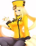  absurdres amanda_evelyn_earl artist_name black_legwear blonde_hair blue_eyes blush coat guilty_gear hat highres long_hair long_sleeves looking_at_viewer millia_rage miniskirt orange_hat pantyhose pleated_skirt prehensile_hair signature sitting skirt solo very_long_hair white_background 