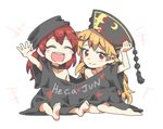  :d ^_^ bare_shoulders barefoot blonde_hair blush_stickers closed_eyes clothes_writing collar hand_on_headwear hat hecatia_lapislazuli junko_(touhou) long_hair multiple_girls open_mouth ori_(yellow_duckling) polos_crown red_eyes red_hair round_teeth shared_clothes shirt sitting smile t-shirt teeth touhou younger 