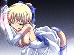  artoria_pendragon_(all) bdsm blonde_hair bondage bound breasts cleave_gag cloth_gag elbow_gloves fate/stay_night fate_(series) gag gagged gloves green_eyes hachikumo improvised_gag nipples panties ponytail saber small_breasts solo thighhighs underwear 