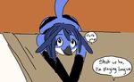  ambiguous_gender anthro avian beak bed bent_over bird blue_eyes blue_hair blue_jay clothing dialogue front_view hair humor looking_at_viewer panties rml solo suggestive text underwear 