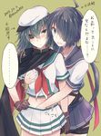  2girls ahoge black_hair blush breast_grab breasts cape dated drunk eyepatch gloves grabbing green_eyes green_hair hand_on_another's_chest hand_under_clothes hand_under_skirt hat kabocha_torute kako_(kantai_collection) kantai_collection kiso_(kantai_collection) long_hair midriff multiple_girls pleated_skirt ponytail school_uniform skirt spoken_ellipsis surprised translated yuri 
