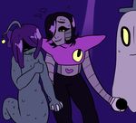  black_hair cakesart female fish ghost hair hair_over_eye hand_holding hat machine male marine mettaton microphone napstablook purple_hair robot shy shyren siren smile spirit sweat sweatdrop undertale yellow_eyes 