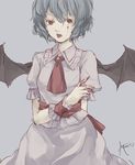  ascot bat_wings blood blood_on_face bloody_hands brooch dress fang gensou_aporo jewelry lavender_hair open_mouth pink_dress puffy_short_sleeves puffy_sleeves red_eyes remilia_scarlet sash short_hair short_sleeves solo touhou wings wrist_cuffs 