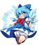  bloomers blue_dress blue_eyes blue_hair body_blush bow cirno clenched_teeth dress eyebrows hair_bow highres ice ice_wings short_hair smile solo teeth touhou underwear wings yuuki_(yuyuki000) 