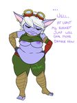  bleedingstalker breasts chubby clothing dialogue ear_piercing eyewear female goggles hair league_of_legends nipples overweight piercing purple_skin simple_background solo text toes tristana video_games weight_gain white_background white_hair yordle 