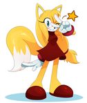  blue_eyes blush clothing dress eyelashes female fur gloves one_eye_closed smile solo sonic_(series) sonic_boom sssonic2 v_sign wink yellow_fur zooey_the_fox 