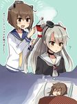 :d ? amatsukaze_(kantai_collection) annin_musou bad_id bad_pixiv_id bangs brown_hair closed_eyes closed_mouth dreaming dress food hair_tubes kantai_collection long_hair long_sleeves marshmallow multiple_girls necktie open_mouth pillow sailor_collar sailor_dress short_hair silver_hair sleeping smile smoke translated two_side_up under_covers yukikaze_(kantai_collection) zzz 