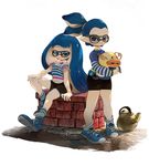  1girl arm_support bike_shorts blue_eyes blue_hair casual denchinamazu fish glasses hand_on_own_knee holding inkling kettle long_hair long_sleeves looking_at_viewer minato_(minat0) shirt shoes short_hair short_sleeves single_vertical_stripe sitting smile sneakers socks splatoon_(series) splatoon_1 standing striped striped_legwear tentacle_hair topknot white_background white_legwear 