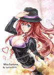  :o artist_name blue_eyes breasts character_name cleavage collar erementa garter_straps hat heart highres large_breasts league_of_legends mafia_miss_fortune nail_polish red_hair sarah_fortune solo thighhighs 
