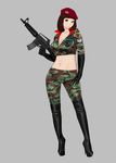  assault_rifle beret boots breasts brown_eyes brown_hair camouflage car-15 elbow_gloves gloves gun hat high_heel_boots high_heels highres knee_boots komii large_breasts looking_at_viewer midriff military military_uniform navel original rifle solo thigh_boots thighhighs uniform weapon yellow_eyes 