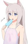  1girl animal_ears blue_eyes commentary_request covered_nipples dress food grey_hair licking long_hair naozuri original popsicle solo sundress tongue tongue_out wolf_ears 