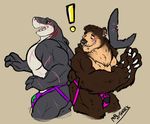  abs ass_to_ass bear bulge butt clothing fish jockstrap male male/male mammal manlyshark manlyshark_(character) marine muscular pecs shark simple_background teasing underwear 