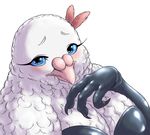  avian bigger_version_at_the_source bird blue_eyes blush bubonikku clothed clothing dove eyelashes feathers female gloves looking_at_viewer simple_background white_background 