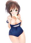 bad_proportions blush breasts brown_hair food green_eyes large_breasts long_hair looking_at_viewer melting one-piece_swimsuit popsicle school_swimsuit sexually_suggestive simple_background smile solo swimsuit takahata_yuki tamasaka_makoto thick_thighs thighs tokyo_7th_sisters 