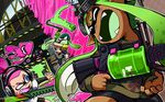  1boy 2girls beanie bike_shorts commentary_request dark_skin domino_mask dutch_angle fangs goggles goggles_on_head green_hair gun hat headphones holding inkling inkstrike_(splatoon) jumping layered_clothing long_hair long_sleeves looking_back mask multiple_girls nijuumaru open_mouth oversized_object paint_roller paint_splatter pink_hair shirt shoes short_hair short_over_long_sleeves short_sleeves single_vertical_stripe smile sneakers splat_charger_(splatoon) splat_roller_(splatoon) splatoon_(series) splatoon_1 sprinkler sprinkler_(splatoon) squid sweatdrop t-shirt tentacle_hair topknot weapon 