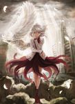  angel_wings arm_rest boots bow city cloud cloudy_sky commentary_request dress feathers glowing_feather hand_over_face jacket kishin_sagume legs light_rays long_sleeves orange_eyes purple_dress ruins short_hair silver_hair single_wing sky solo sunlight thighs touhou urabe_michiru white_wings wind wings 