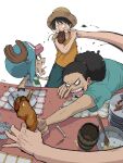  afro angry black_hair chicken_(food) dish eating food food_theft hat highres male_focus monkey_d._luffy one_piece outstretched_arm short_sleeves sleeveless straw_hat tony_tony_chopper ufkqz usopp white_background 