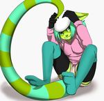  anthro beret breasts clothed clothing female fur green_eyes green_fur green_hair hair hat legwear long_tail looking_at_viewer pink_shirt simple_background sitting solo thigh_highs uncomfortabledrawingfurries unknown_species white_background 